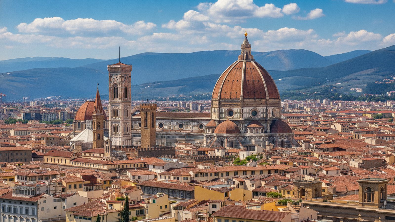 La cupola del Brunelleschi e il campanile di Giotto visti sui tetti di Firenze